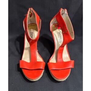 Women’s Michael Kors Coral Leather T Strap Wedge Sandals Espadrille Heel Size 6